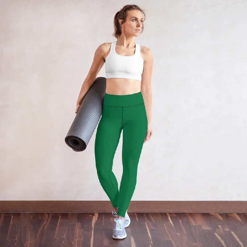 Dark Green Women's Yoga Leggings, Solid Color Long Gym Workout Tights-Made in USA/EU/MX Trendy Colorblock Print Leggings