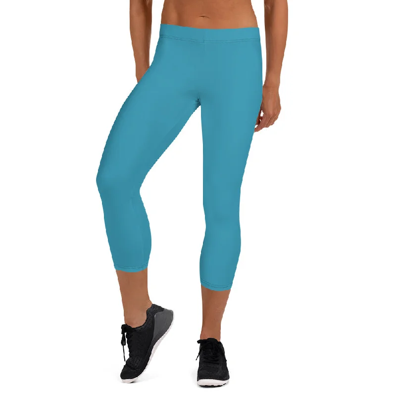 Blue Casual Women's Capri Leggings, Modern Solid Color Ladies Fancy Tights-Made in USA/EU Fashionable High-Rise Leggings