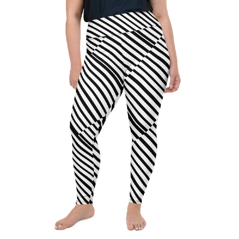 Diagonal Black White Stripe Designer Print Plus Size Leggings Pants- Made in USA/ EU Fashionable Solid Color Tights