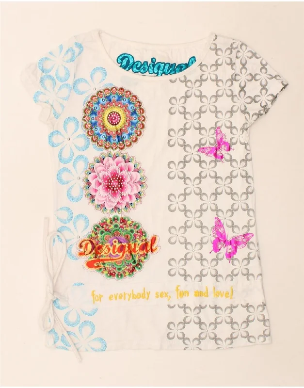DESIGUAL Womens Graphic T-Shirt Top UK 10 Small White Floral Butterfly Front Pockets Side Pockets Patch Pockets