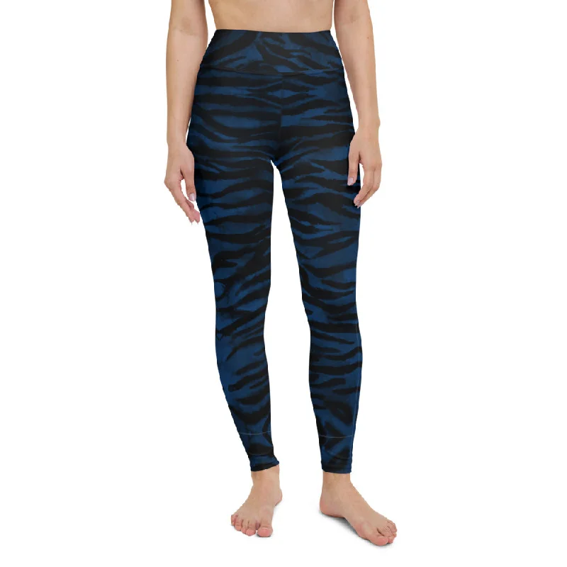 Navy Blue Women's Yoga Leggings, Luxury Tiger Stripe Animal Print Yoga Pants-Made in USA/EU Trendy Activewear Leggings