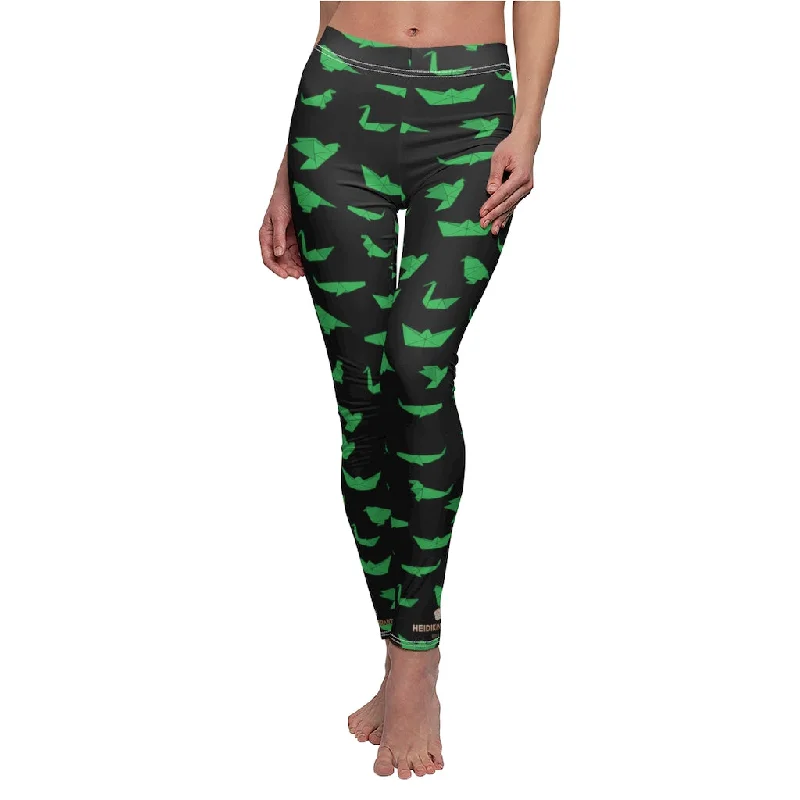 Japanese Crane Women's Leggings, Black Green Origami Print Fashion Tights -Made in USA Elegant Velvet Leggings