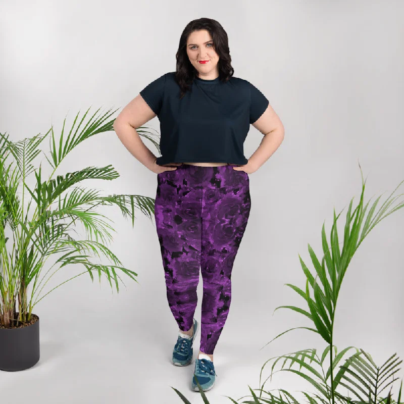 Purple Floral Plus Size Leggings, Abstract Women's Long Gym Yoga Pants-Made in USA/EU Cozy Reflective Detail Leggings