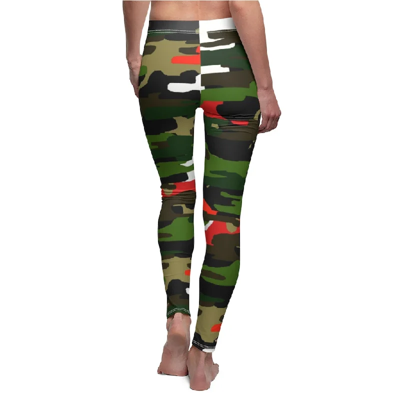 Green Red Camo Long Tights, Army Print Women's Dressy Long Best Casual Leggings- Made in USA Comfortable Cold Weather Leggings