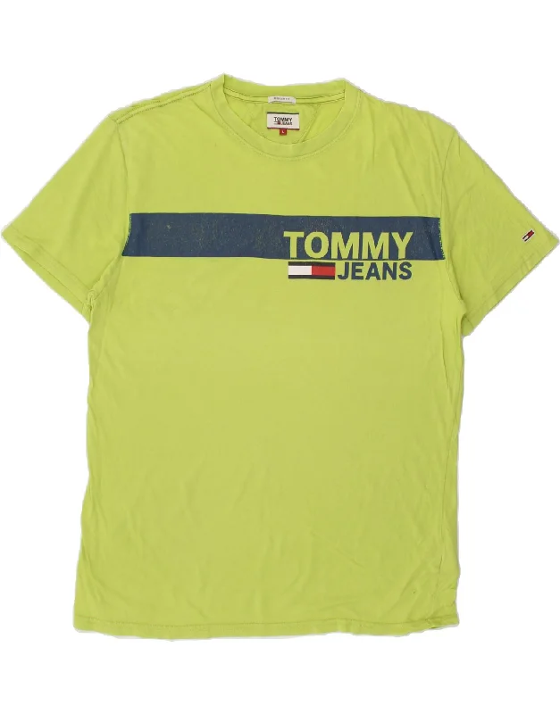 TOMMY HILFIGER Mens Regular Fit Graphic T-Shirt Top Large Green Cotton Embroidered Appliqued Beaded