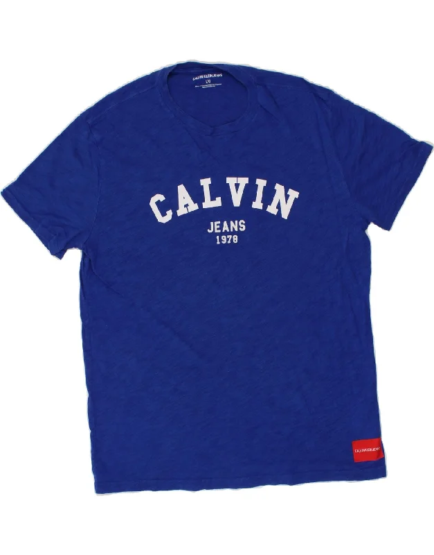 CALVIN KLEIN JEANS Mens Graphic T-Shirt Top Large Blue Cotton Houndstooth Herringbone Solid