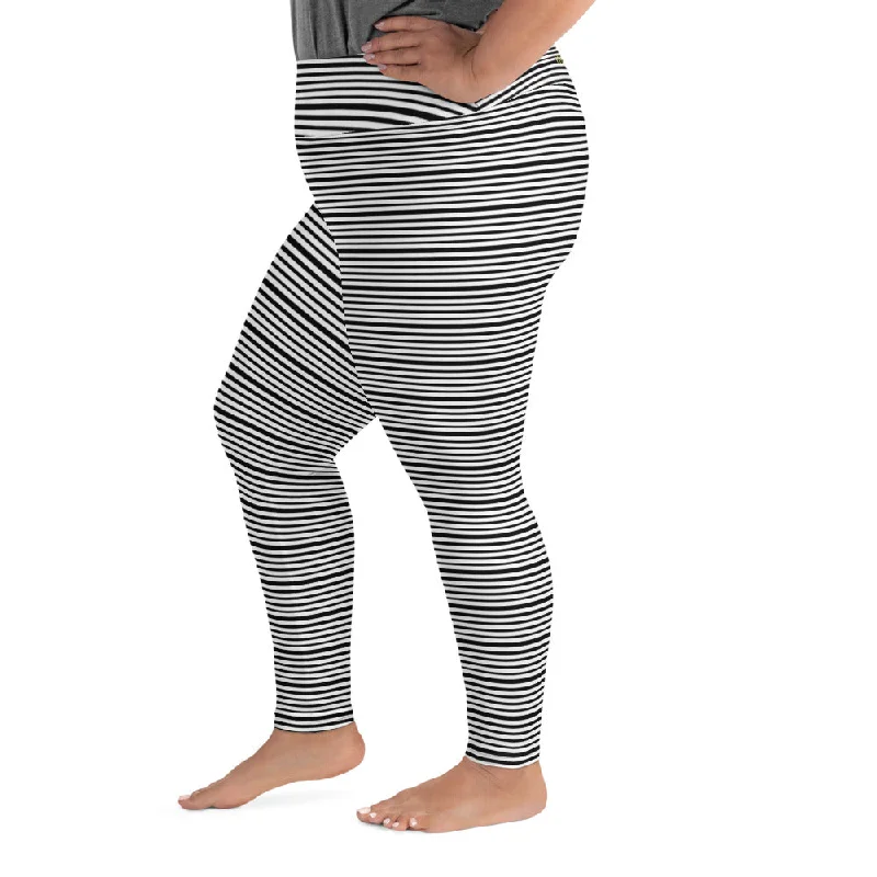 Horizontal Black Striped Long Tights, White Stripe Print Plus Size Leggings Yoga Pants Tights-  Made in USA/ EU Stylish Stretch Print Leggings