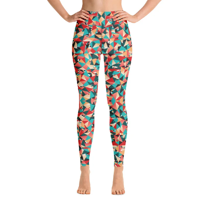 Red Geometric Women's Yoga Leggings, Mixed Colorful Ladies Yoga Pants-Made in USA/EU/MX Cozy Mid-Rise Workout Leggings