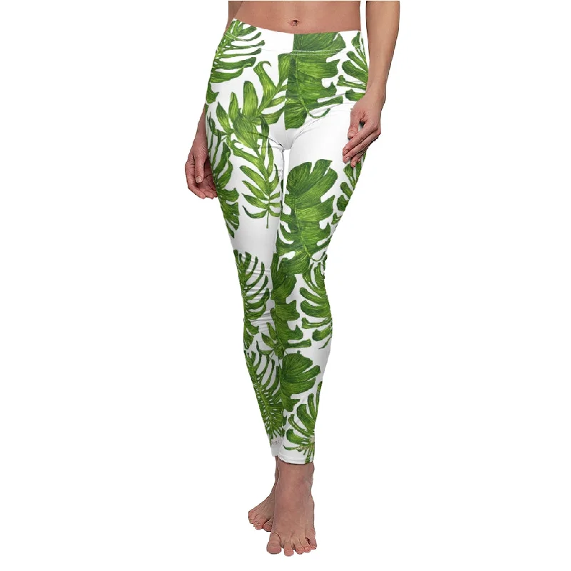 White And Green Tropical Tights, Leaf Print Women's Dressy Long Casual Leggings- Made in USA Fashionable Leather-Look Leggings