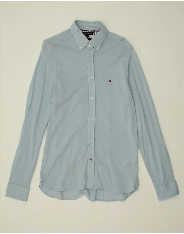 TOMMY HILFIGER Mens Slim Fit Shirt Medium Blue Cotton Notch Collar Peter Pan Collar Cowl Neck