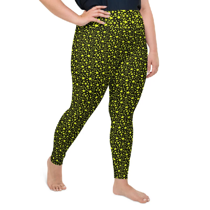 Yellow Rock Star Leggings, Stars Women's Plus Size Leggings Yoga Pants- Made in USA/EU Cozy Ribbed Leggings