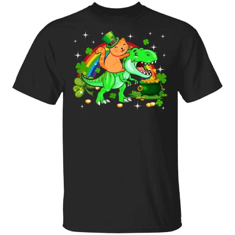 Leprechaun Cat Riding T-rex Funny St Patrick's Day Gifts T-Shirt Real Fur Shearling Chenille