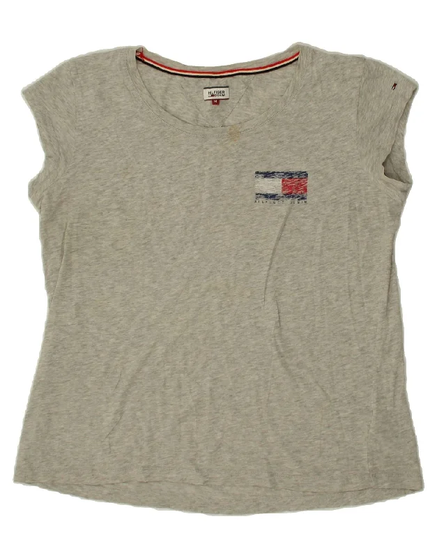 TOMMY HILFIGER Womens Graphic T-Shirt Top UK 14 Medium Grey Cotton Print Jacquard Patchwork