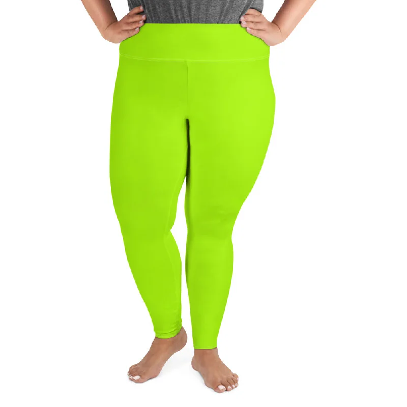Neon Green Plus Size Leggings, Comfy Long Yoga Tights For Curvy Ladies -Made in USA/EU Fashionable Solid Color Tights