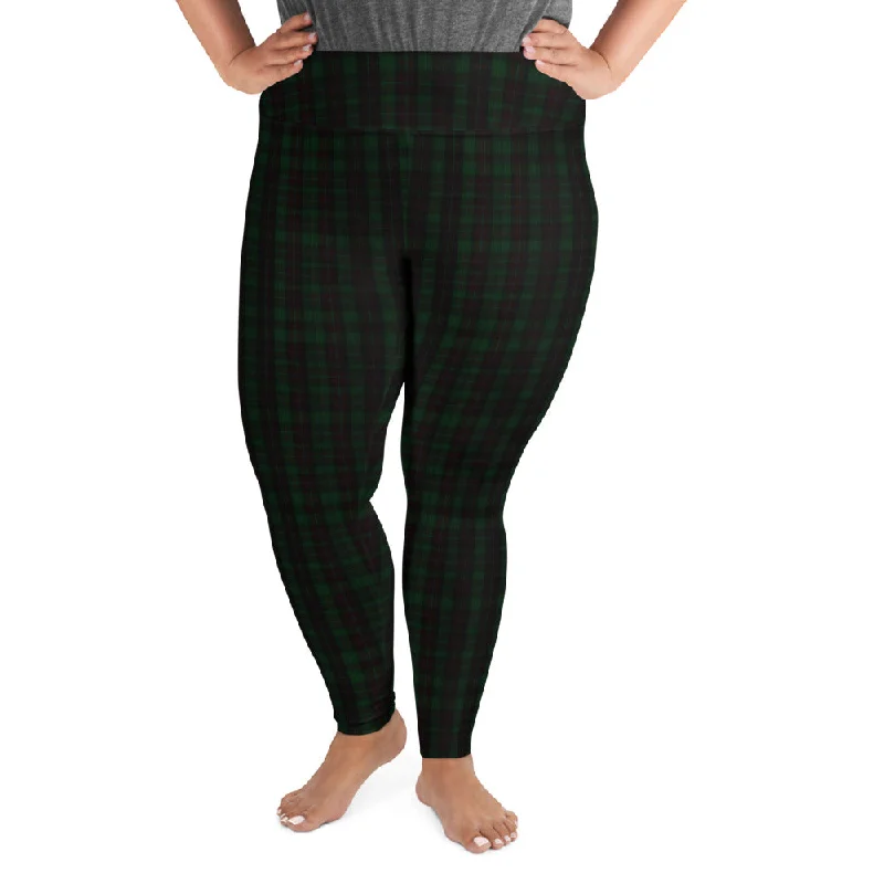 Dark Green Plaid Plus Size Tights, Tartan Print Plus Size Women's Leggings-Made in USA/EU Fashionable Floral Active Leggings