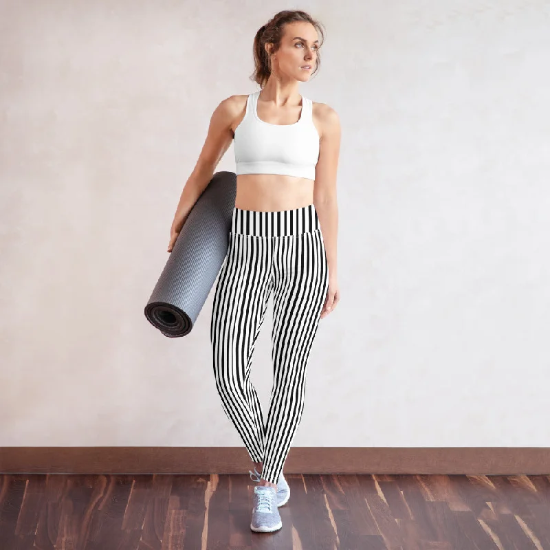 Black Vertical Stripes Women's Leggings, Long Yoga Workout Gym Pants- Made in USA/EU Elegant Printed Leggings with Pockets
