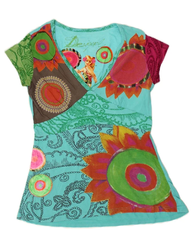 DESIGUAL Womens Graphic T-Shirt Top UK 14 Large Turquoise Paisley Faux Fur Fabric Real Fur Fabric Shearling Fabric