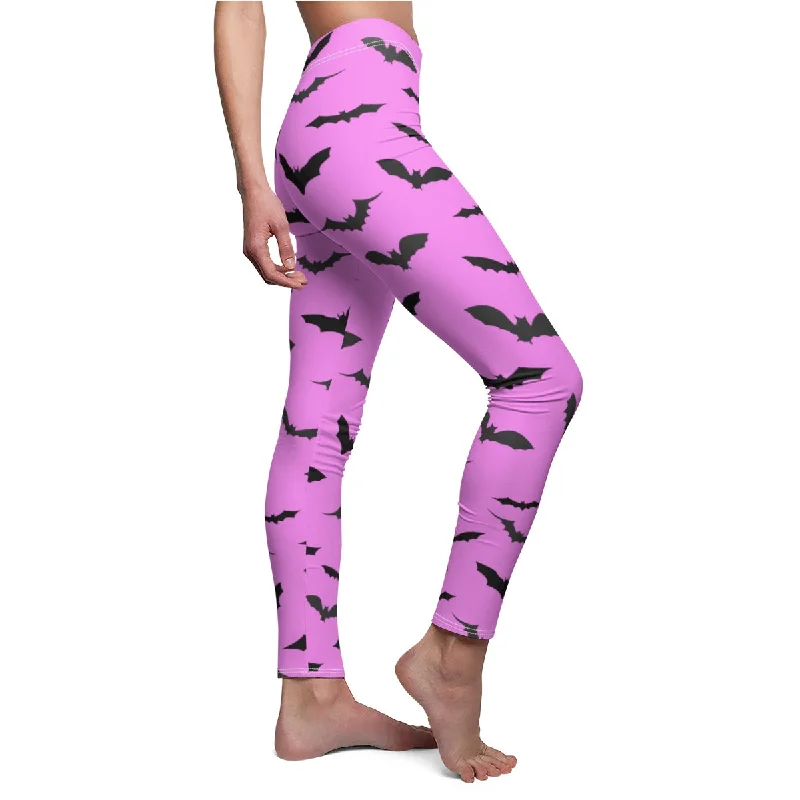 Pink Black Bats Casual Tights, Best Bats Print Women's Halloween Costume Cosplay Casual Leggings- Made in USA Comfortable Capri-Length Leggings