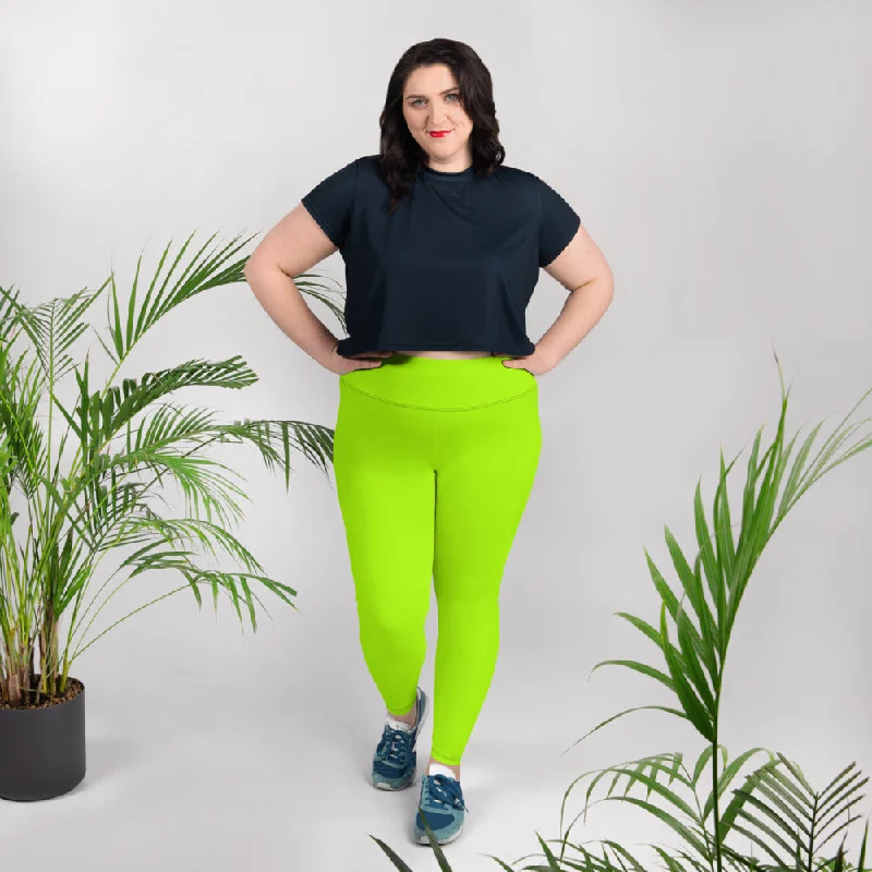 Neon Green Women's Leggings, Plus Size Leggings Yoga Pants - Made in USA/EU (US Size: 2XL-6XL) Trendy Side-Pocket Leggings
