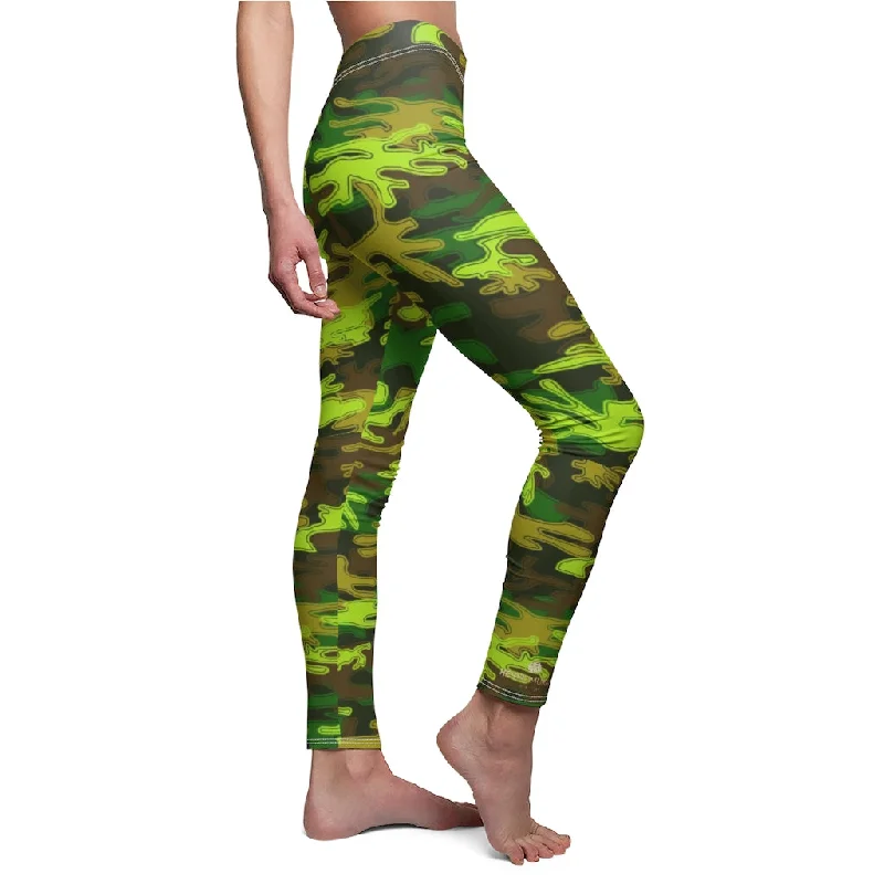 Green Camo Casual Tights, Best Camouflage Army Print Women's Dressy Long Casual Leggings-Made in USA Stylish Sweatproof Leggings