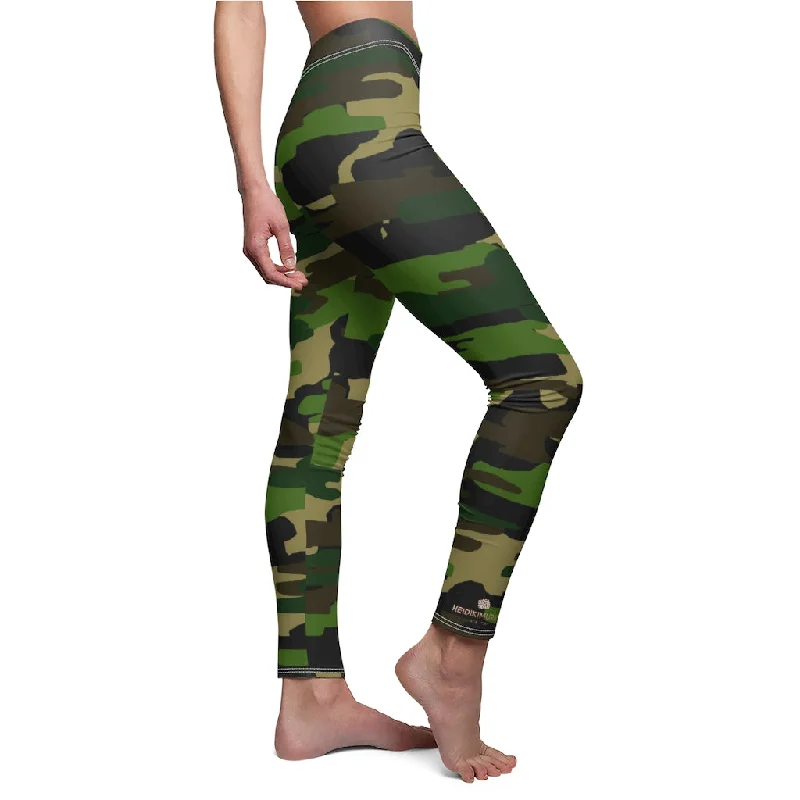 Green Brown Camo Ladies' Tights, Military Print Women's Dressy Long Casual Leggings- Made in USA Fashionable Sports Compression Leggings
