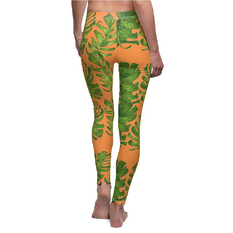 Orange Green Tropical Leggings, Leaf Print Women's Dressy Casual Tights- Made in USA Trendy Patterned Leggings