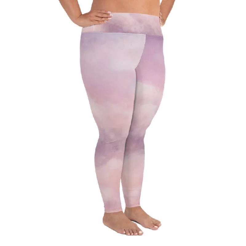 Purple Abstract Plus Size Leggings, Pink Sky Clouds Women's Yoga Pants- Made in USA/ EU Cozy Mid-Rise Workout Leggings
