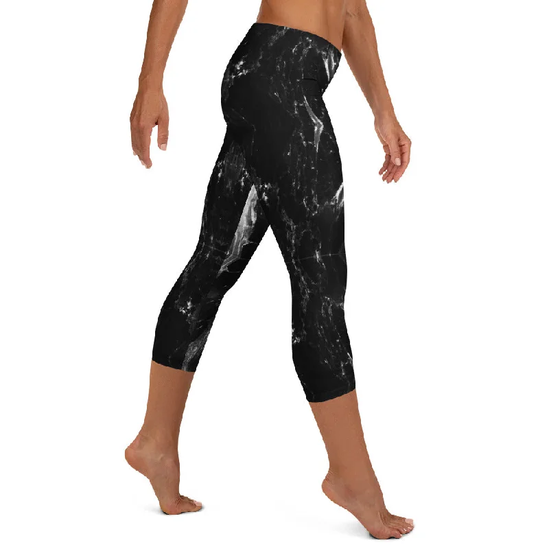 Black Marble Capri Leggings, Marbled Print Best Abstract Women's Capris Tights-Made in USA/EU Fashionable Printed Legging Pants