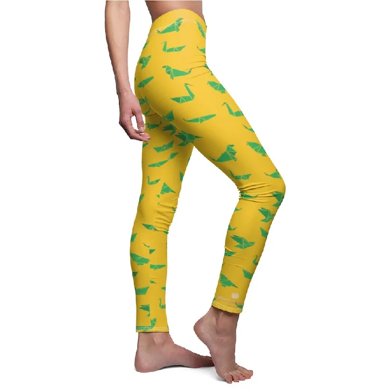 Yellow Green Crane Casual Tights, Best Japanese Crane Origami Print Women's Dressy Casual Leggings-Made in USA Stylish Ankle-Length Leggings
