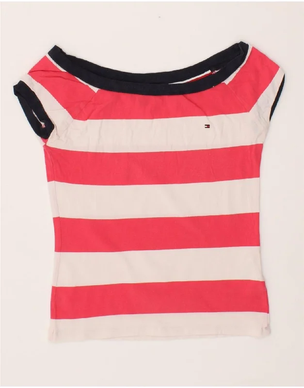 TOMMY HILFIGER Womens Oversized T-Shirt Top UK 2 2XS Pink Striped Chenille Blend Fleece Blend Nylon Blend