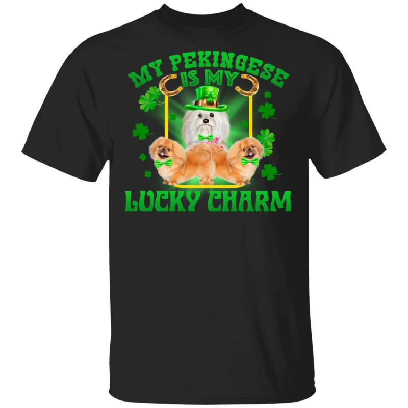 My Pekingese Is My Lucky Charm Leprechaun Dog Pet Funny St Patrick's Day Mens Womens St Patty's Day Irish Gifts T-Shirt Zippered Front Buttoned Front Snap Front