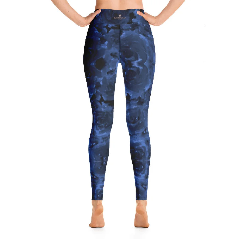 Navy Blue Floral Yoga Leggings, Abstract Flower Print Designer Women's Yoga Pants-Made in USA/EU Classic Solid Color Leggings