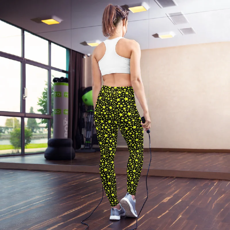 Yellow Star Women's Leggings, Rock Star Pattern Black Gym Yoga Pants- Made in USA/EU Casual Slim-Fit Leggings