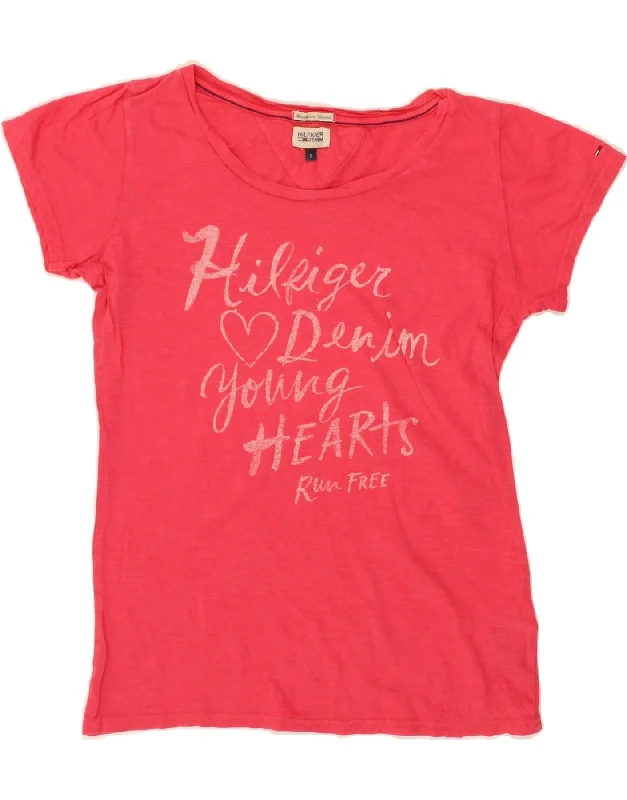 TOMMY HILFIGER Womens Graphic T-Shirt Top UK 10 Small Red Cotton Wool Fabric Cashmere Fabric Tweed Fabric