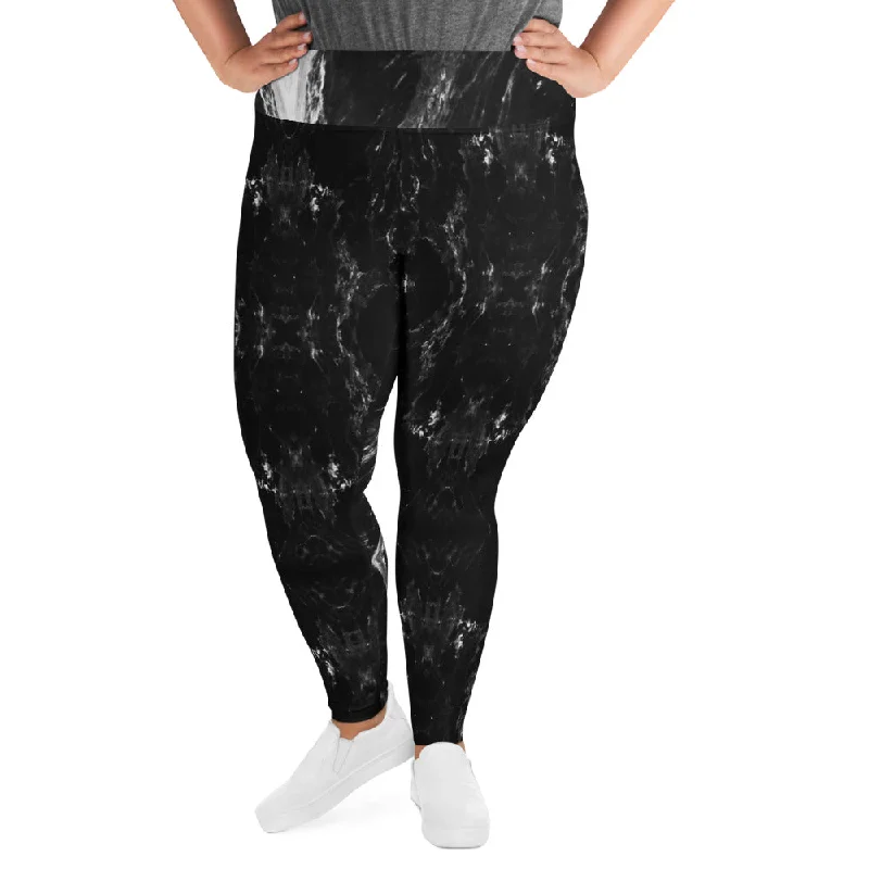 Black Marble Plus Size Leggings, Marbled Print Abstract Women's Yoga Pants-Made in USA/EU Stylish Pockets Active Leggings