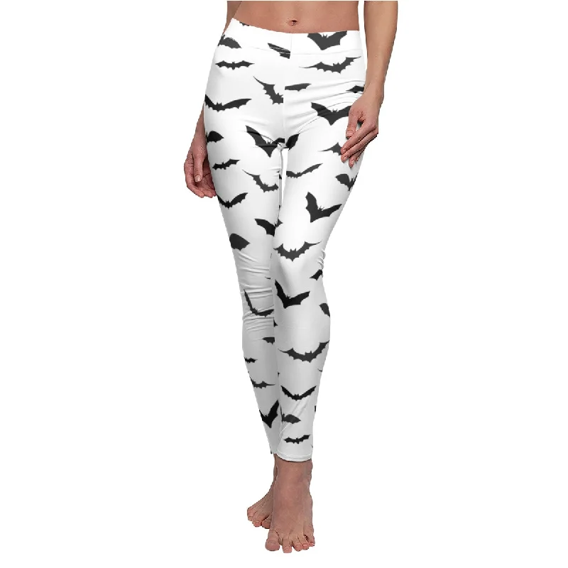 Bats Women's Casual Leggings, White and Black Bats Pattern Halloween Costume Cosplay Tights-Made in USA Comfortable Bootcut Workout Leggings