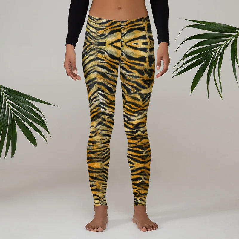 Orange Tiger Striped Leggings, Wild Women's Animal Print Yoga Tights-Made in USA/EU Trendy Black Mesh Leggings