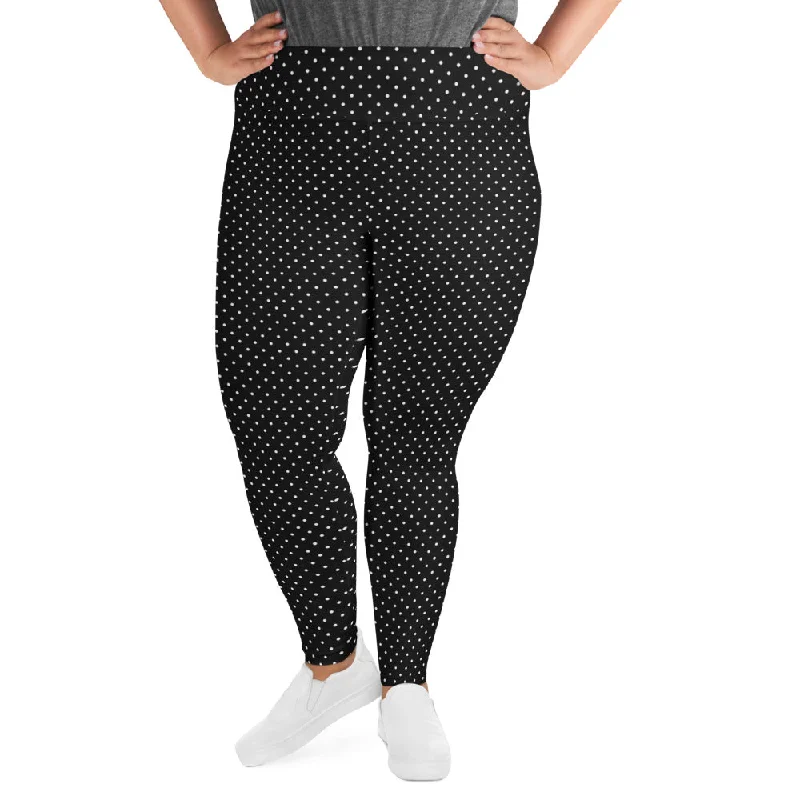 White Dots Plus Size Leggings, Black White Polka Dots Long Yoga Tights-Made in USA/EU Trendy Polka Dot Leggings