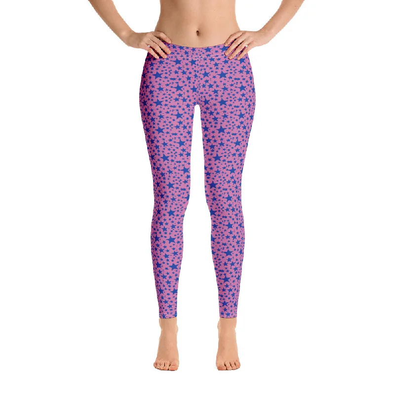 Pink Blue Star Tights, Best Star Print Designer Fashion Casual Gym Leggings-Made in USA/EU Stylish Side-Stripe Leggings