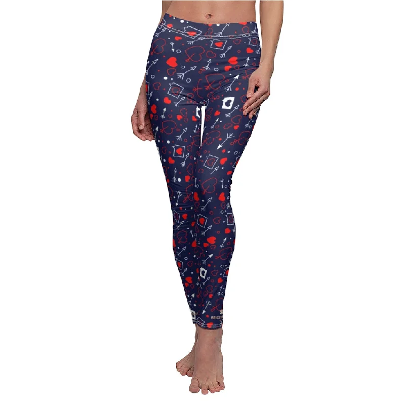Gray Red Hearts Leggings, Valentines Print Women's Dressy Long Casual Tights- Made in USA Cozy Lounge Pants Leggings