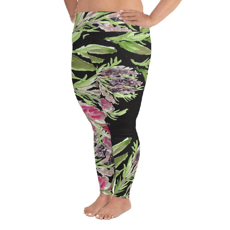 Lavender Plus Size Leggings, Black Floral Print Women's Long Yoga Pants-Made in USA/EU Stylish Athletic Wear Leggings Lavender Plus Size Leggings, Black Floral Print Women's Long Yoga Pants-Made in USA/EU Stylish Athletic Wear Leggings