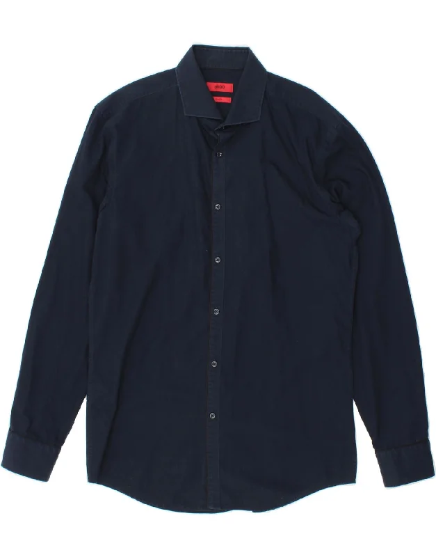 HUGO BOSS Mens Slim Fit Shirt Size 16 1/2 42 Large Navy Blue Cotton Real Fur Shearling Chenille