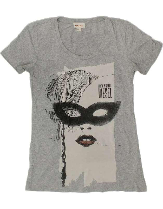 DIESEL Womens Graphic T-Shirt Top UK 10 Small Grey Cotton Polka Dot Checkered Tartan