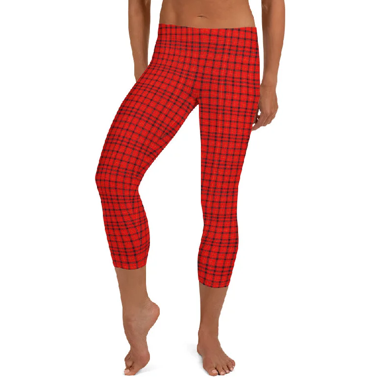 Red Plaid Print Capri Leggings, Scottish Tartan Best Womens Capris Tights-Made in USA/EU Elegant Stretchy Faux Leather Leggings