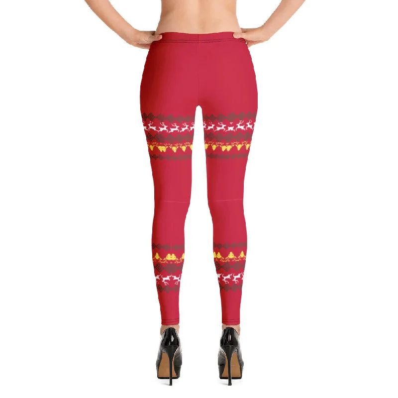 Christmas Women's Reindeer Casual Leggings, Red Festive Xmas Tights-Made in USA/EU/MX Stylish Colorful Activewear Leggings
