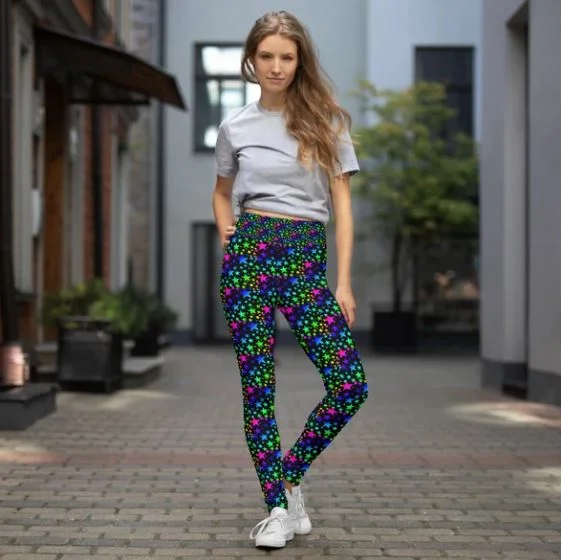 Black Rainbow Star Print Leggings, Women's Long Workout Yoga Pants- Made in USA/EU Stylish Stretch-Waist Leggings
