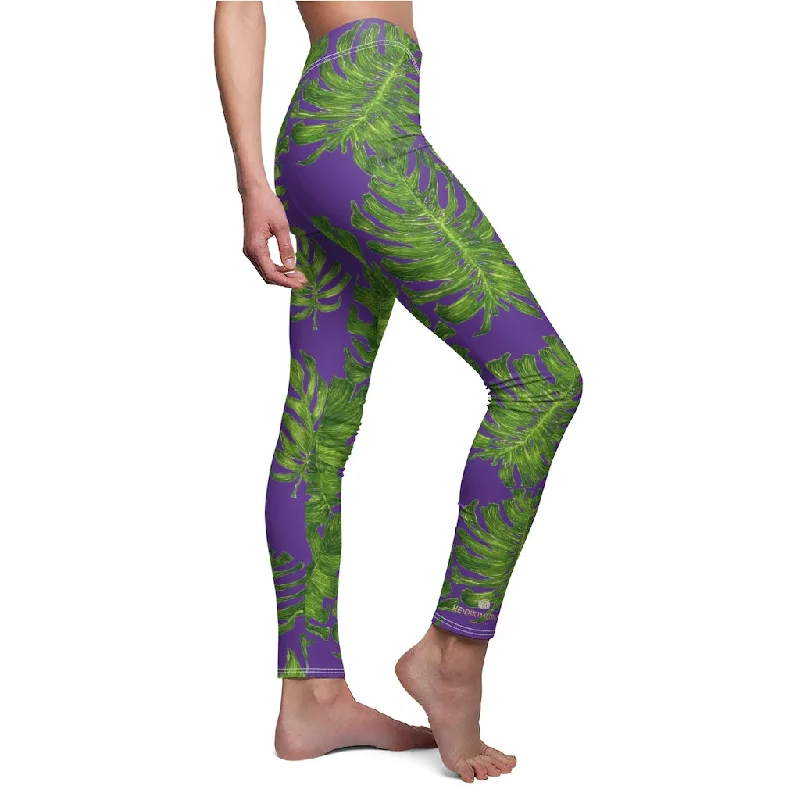 Purple Green Tropical Leaf Tights, Hawaiian Style Print Women's Dressy Long Casual Leggings- Made in USA Fashionable Printed Leggings