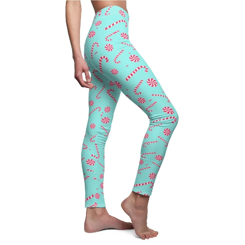 Light Candy Christmas Tights, Best Blue Red and White Candy Cane Women's Christmas Holiday Casual Leggings Classic Solid Color Leggings