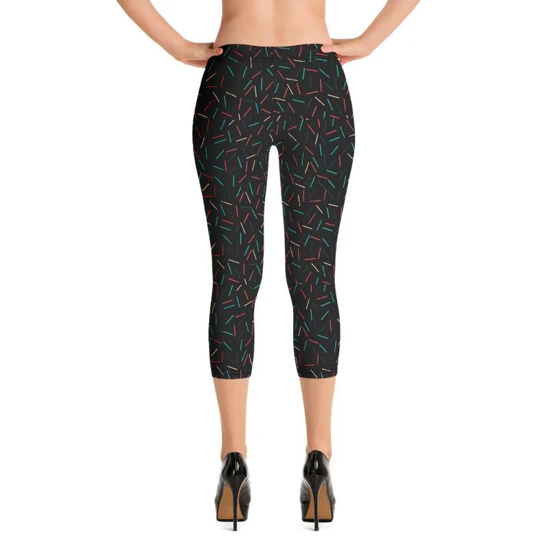 Black Birthday Capris Leggings, Cake Sprinkle Print Women's Capri Tights- Made in USA/EU Stylish Compression Fit Leggings