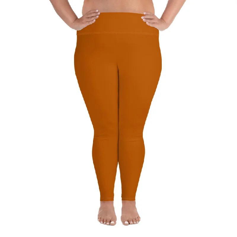 Orange Brown Plus Size Leggings, Solid Color Women's Plus Size Yoga Pants- Made in USA/EU Trendy Cut-Out Activewear Leggings